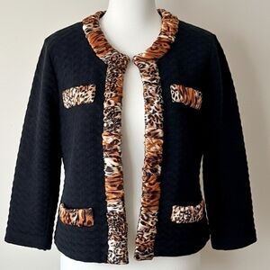 Michael Simon Black Textured Knit Jacket Leopard Trim 90s Y2K Statement Size S